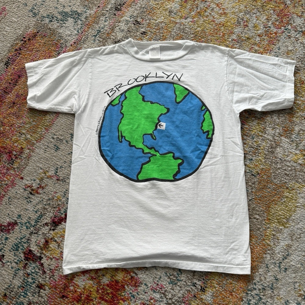 VTG 1988 Gravity Graphics‎ Brooklyn Earth T Shirt White Single Stitch Size L